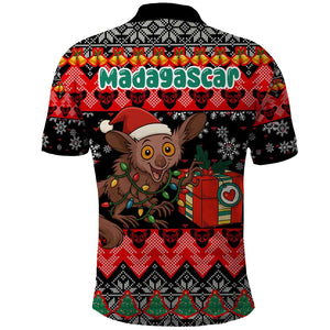 Madagascar Christmas Polo Shirt Aye Aye Lemur Santa Hat Holiday Lights - African Pride