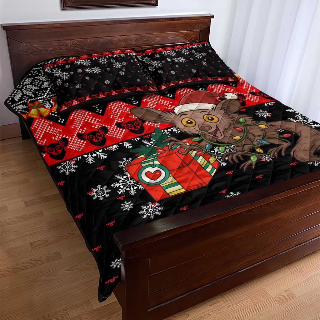 Madagascar Christmas Quilt Bed Set Aye Aye Lemur Santa Hat Holiday Lights - African Pride