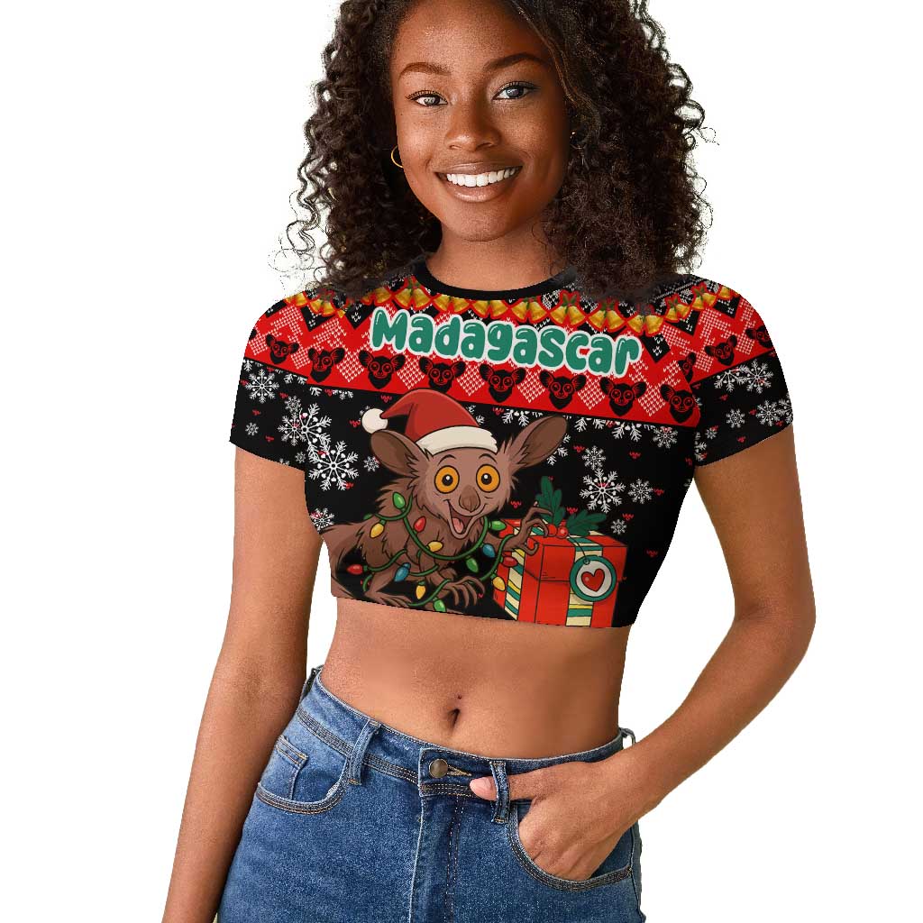 Madagascar Christmas Raglan Cropped T shirt Aye Aye Lemur Santa Hat Holiday Lights - African Pride