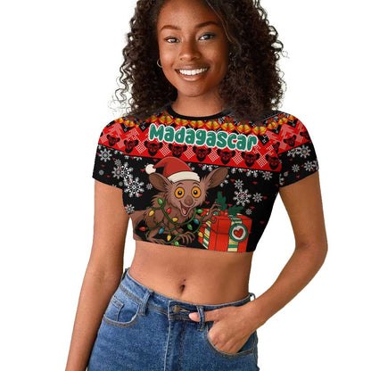 Madagascar Christmas Raglan Cropped T shirt Aye Aye Lemur Santa Hat Holiday Lights - African Pride
