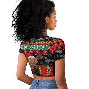 Madagascar Christmas Raglan Cropped T shirt Aye Aye Lemur Santa Hat Holiday Lights - African Pride