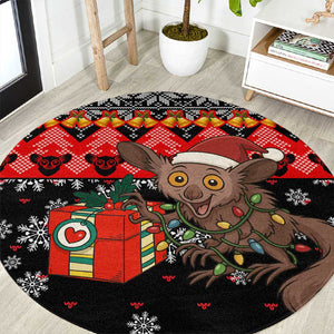 Madagascar Christmas Round Carpet Aye Aye Lemur Santa Hat Holiday Lights - African Pride