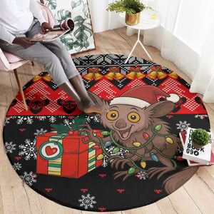 Madagascar Christmas Round Carpet Aye Aye Lemur Santa Hat Holiday Lights - African Pride