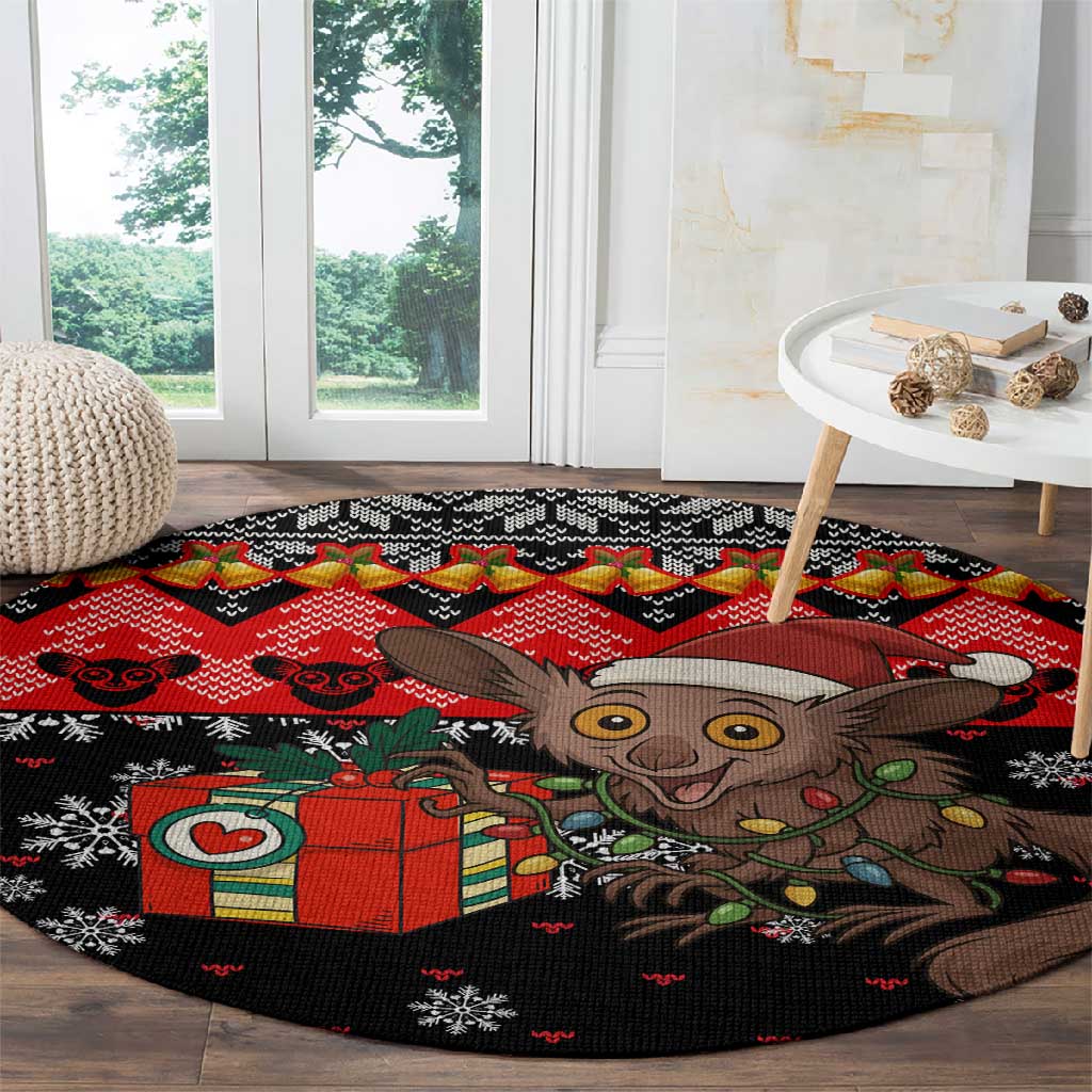 Madagascar Christmas Round Carpet Aye Aye Lemur Santa Hat Holiday Lights - African Pride