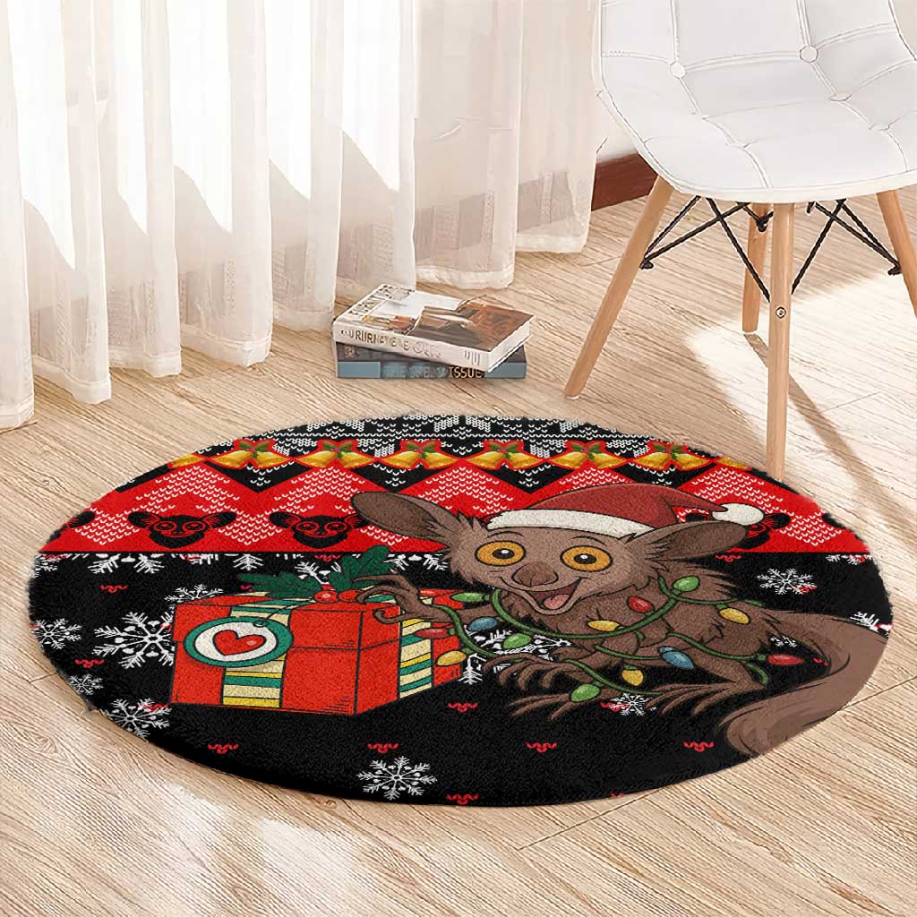 Madagascar Christmas Round Carpet Aye Aye Lemur Santa Hat Holiday Lights - African Pride