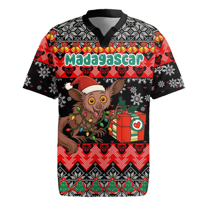 Madagascar Christmas Rugby Jersey Aye Aye Lemur Santa Hat Holiday Lights - African Pride