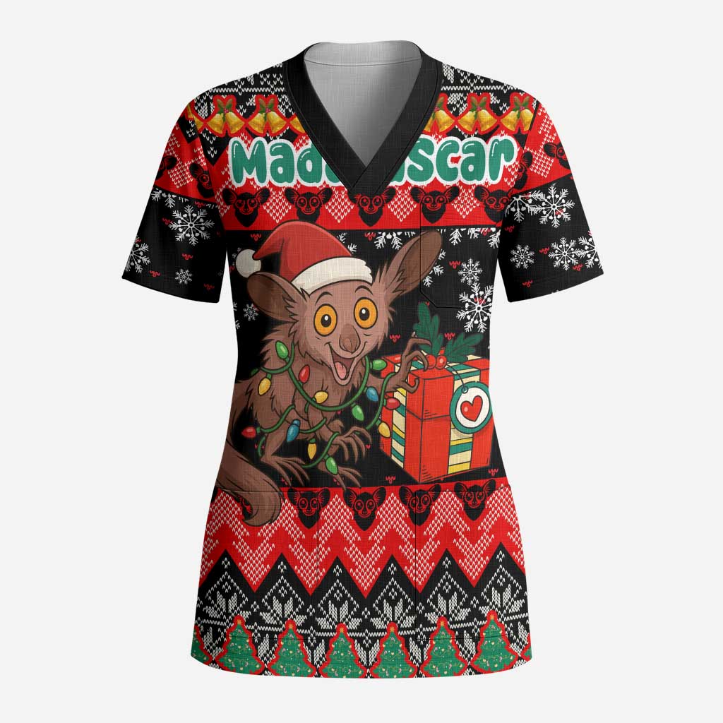 Madagascar Christmas Scrub Top Aye Aye Lemur Santa Hat Holiday Lights - African Pride
