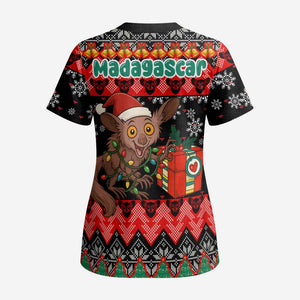 Madagascar Christmas Scrub Top Aye Aye Lemur Santa Hat Holiday Lights - African Pride