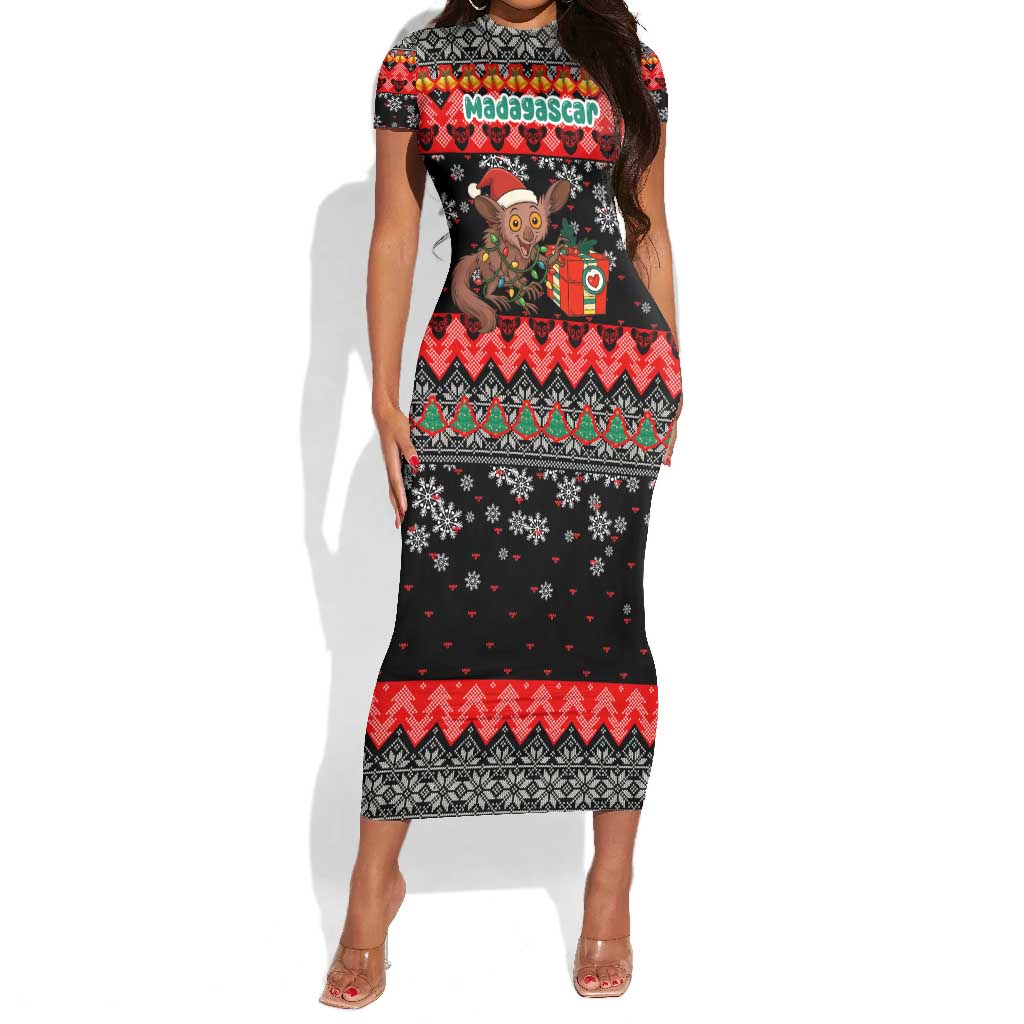 Madagascar Christmas Short Sleeve Bodycon Dress Aye Aye Lemur Santa Hat Holiday Lights - African Pride