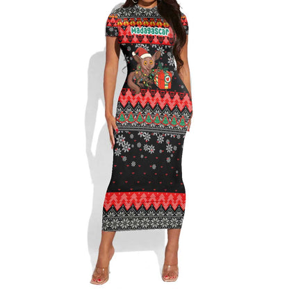 Madagascar Christmas Short Sleeve Bodycon Dress Aye Aye Lemur Santa Hat Holiday Lights - African Pride