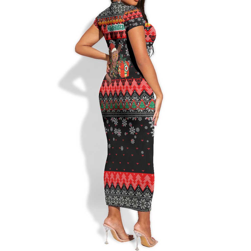 Madagascar Christmas Short Sleeve Bodycon Dress Aye Aye Lemur Santa Hat Holiday Lights - African Pride