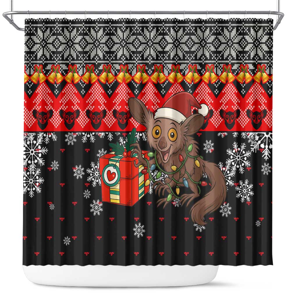 Madagascar Christmas Shower Curtain Aye Aye Lemur Santa Hat Holiday Lights - African Pride