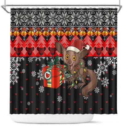Madagascar Christmas Shower Curtain Aye Aye Lemur Santa Hat Holiday Lights - African Pride