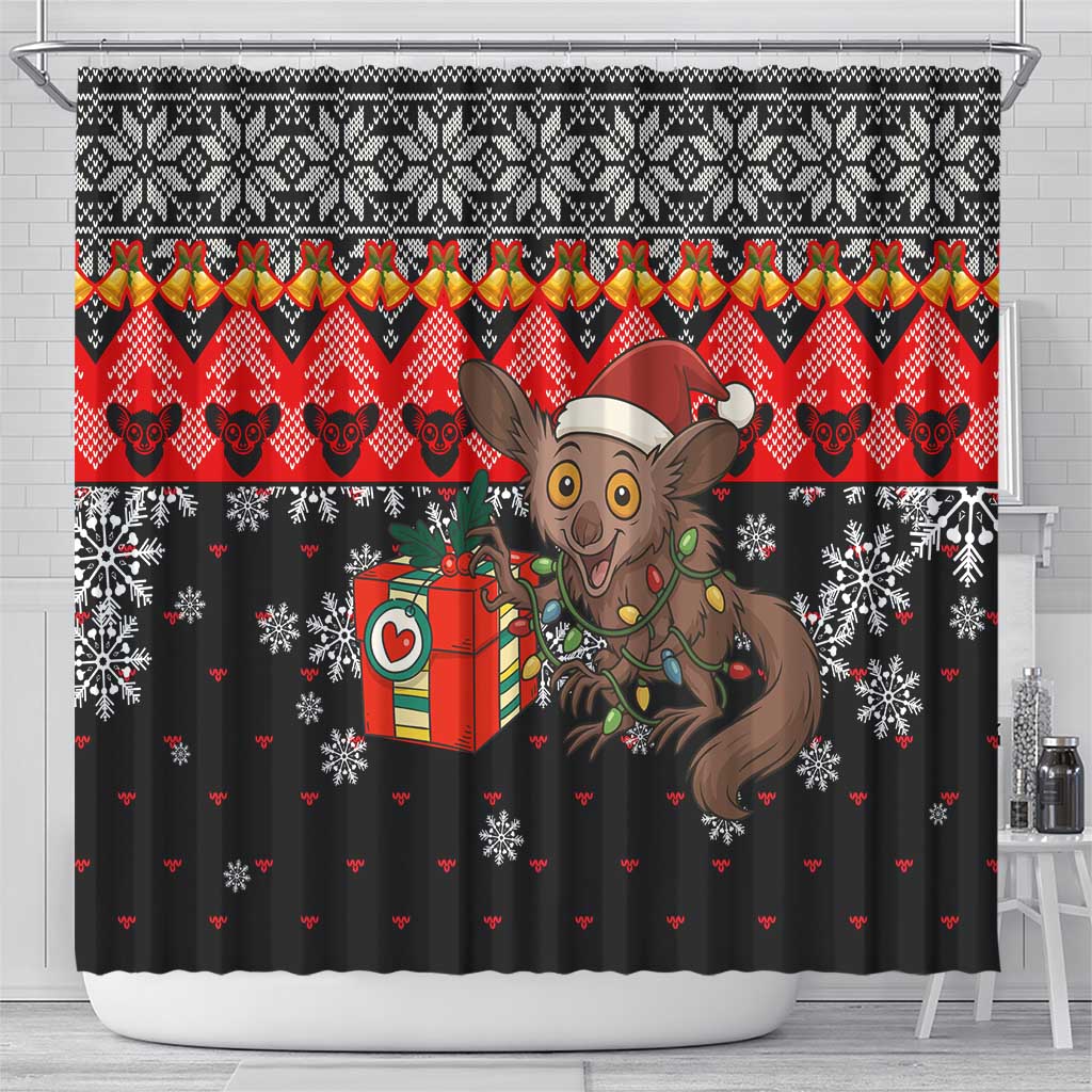 Madagascar Christmas Shower Curtain Aye Aye Lemur Santa Hat Holiday Lights - African Pride