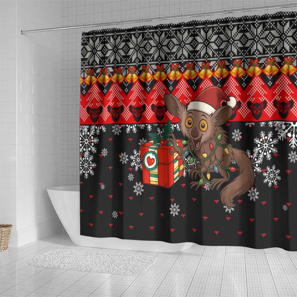 Madagascar Christmas Shower Curtain Aye Aye Lemur Santa Hat Holiday Lights - African Pride