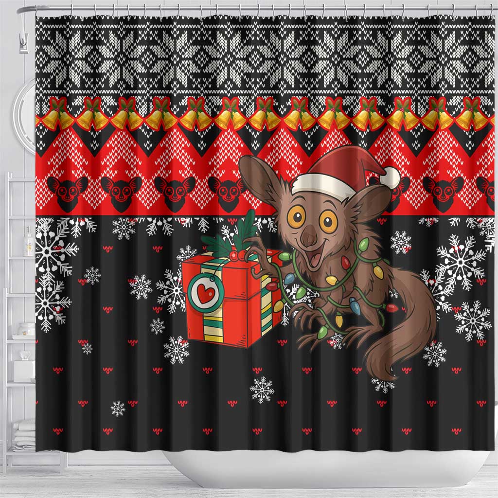 Madagascar Christmas Shower Curtain Aye Aye Lemur Santa Hat Holiday Lights - African Pride