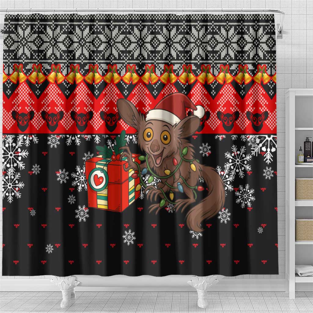 Madagascar Christmas Shower Curtain Aye Aye Lemur Santa Hat Holiday Lights - African Pride
