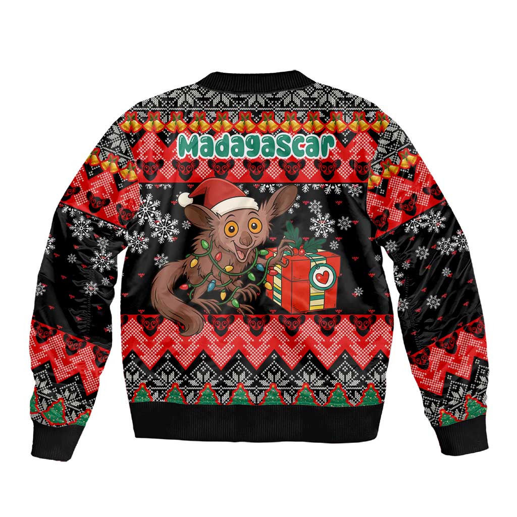 Madagascar Christmas Sleeve Zip Bomber Jacket Aye Aye Lemur Santa Hat Holiday Lights - African Pride
