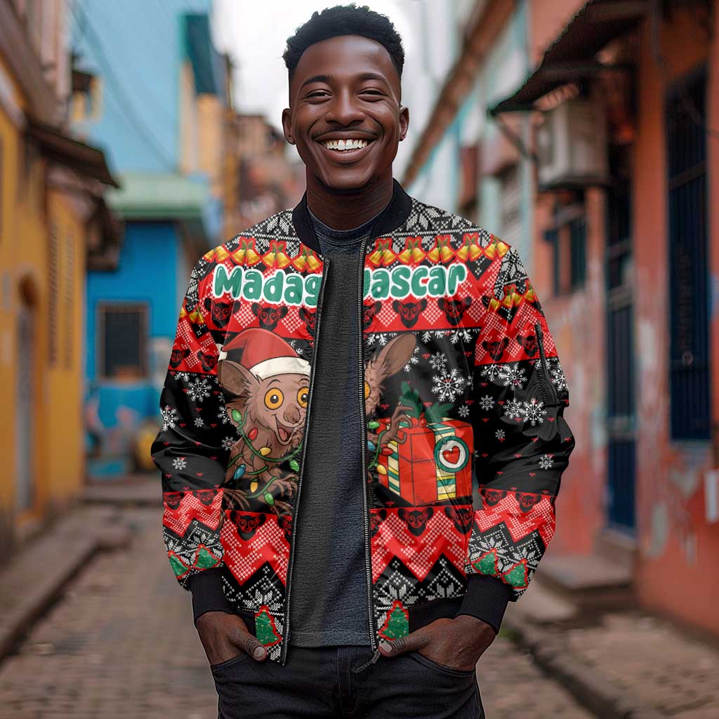 Madagascar Christmas Sleeve Zip Bomber Jacket Aye Aye Lemur Santa Hat Holiday Lights - African Pride