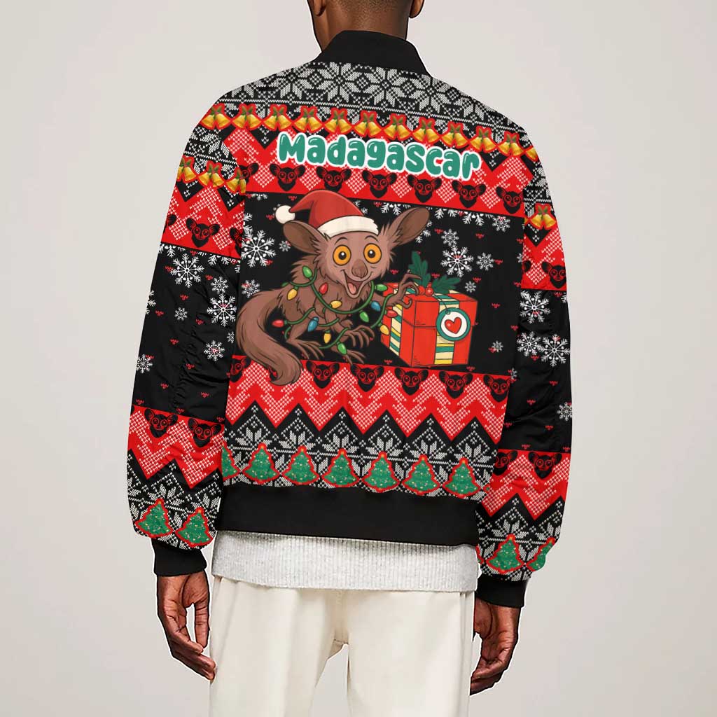 Madagascar Christmas Sleeve Zip Bomber Jacket Aye Aye Lemur Santa Hat Holiday Lights - African Pride