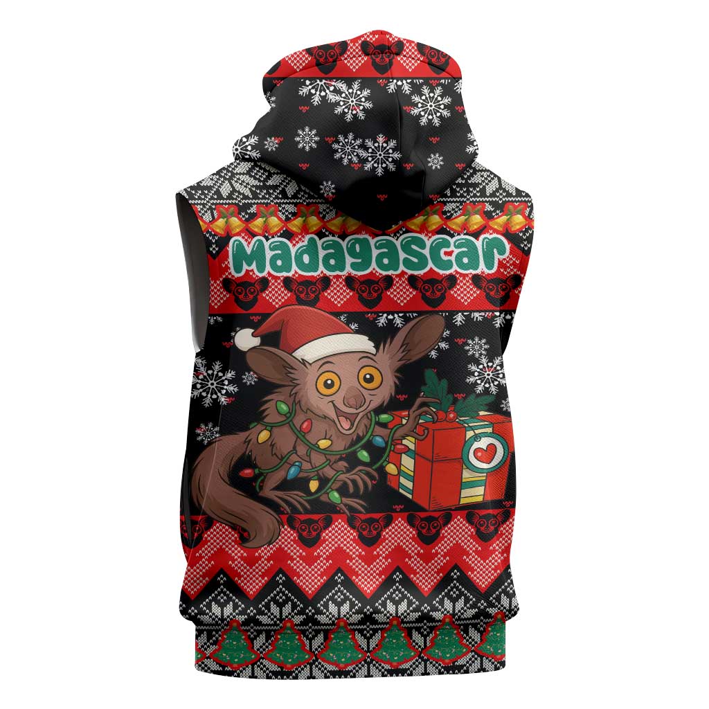 Madagascar Christmas Sleeveless Hoodie Aye Aye Lemur Santa Hat Holiday Lights - African Pride