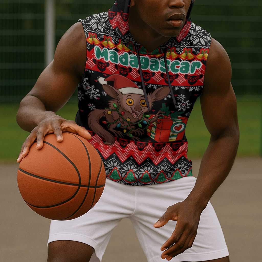 Madagascar Christmas Sleeveless Hoodie Aye Aye Lemur Santa Hat Holiday Lights - African Pride