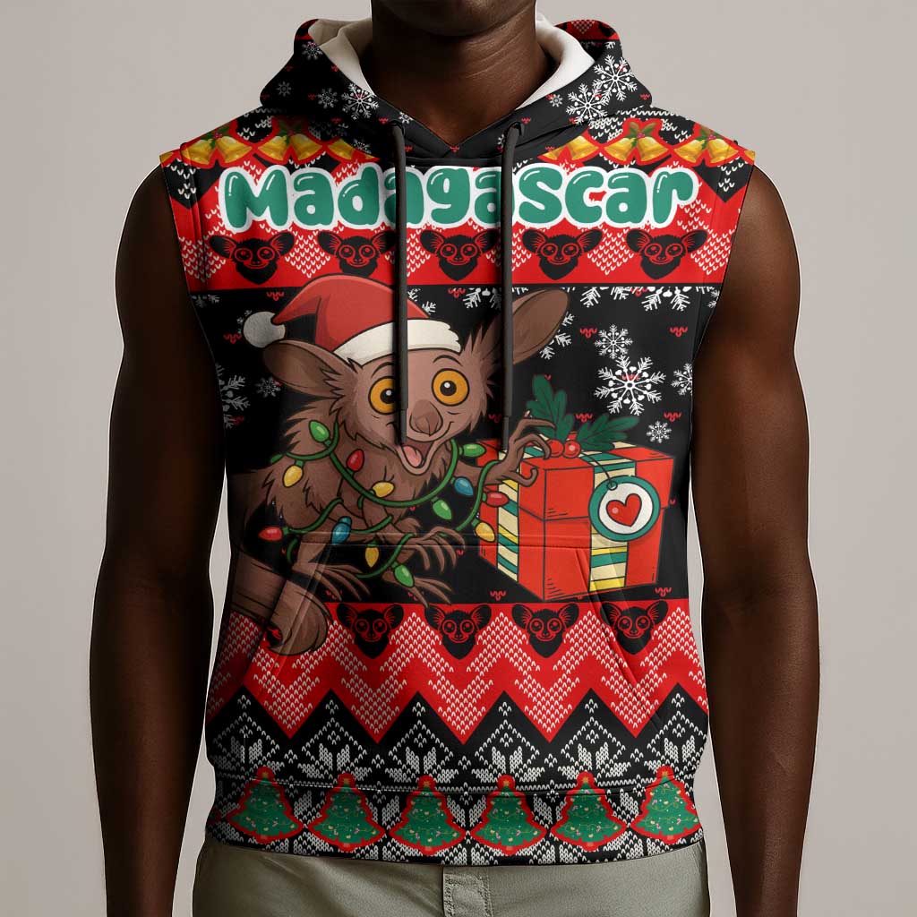 Madagascar Christmas Sleeveless Hoodie Aye Aye Lemur Santa Hat Holiday Lights - African Pride