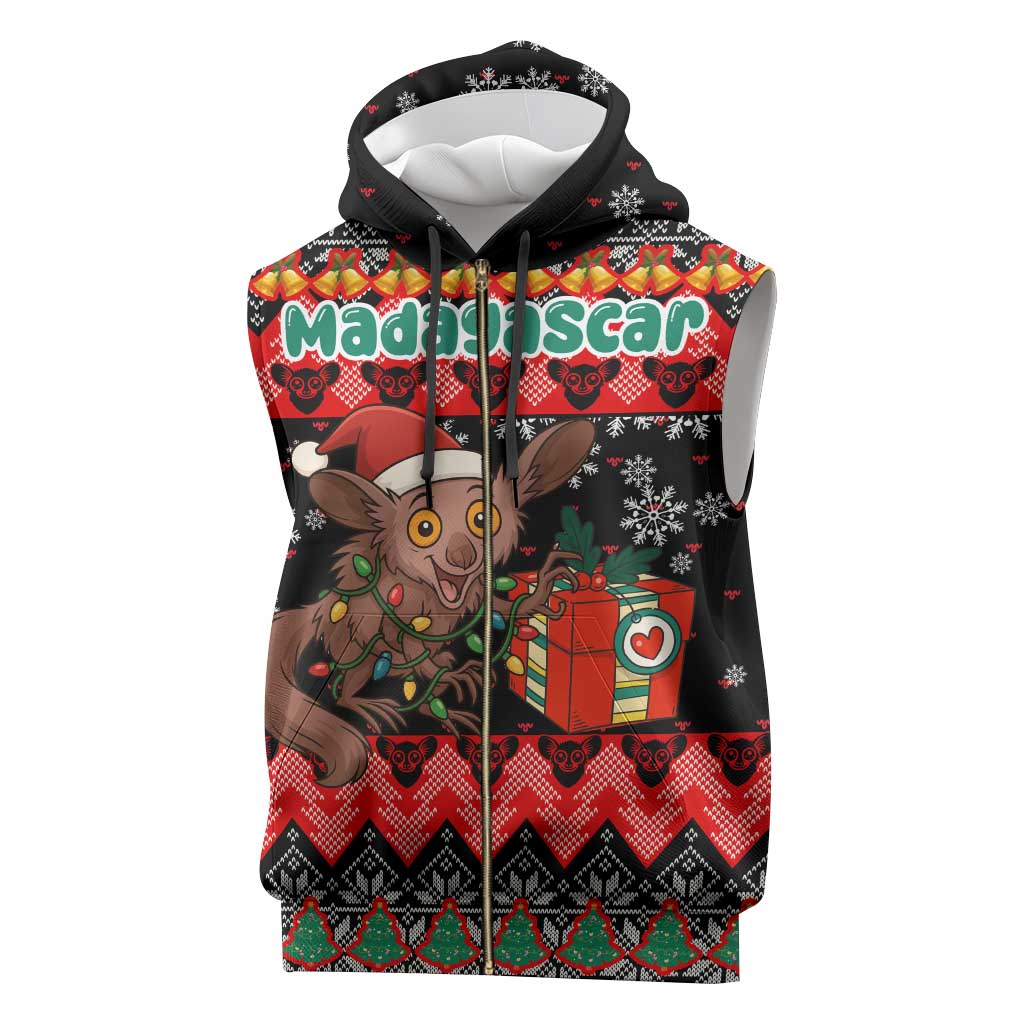 Madagascar Christmas Sleeveless Zip Hoodie Aye Aye Lemur Santa Hat Holiday Lights - African Pride