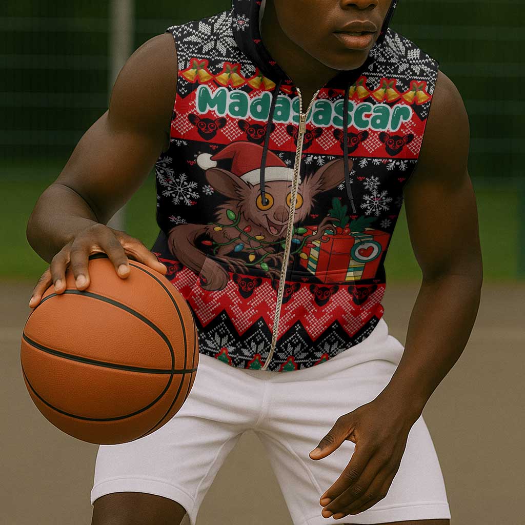 Madagascar Christmas Sleeveless Zip Hoodie Aye Aye Lemur Santa Hat Holiday Lights - African Pride