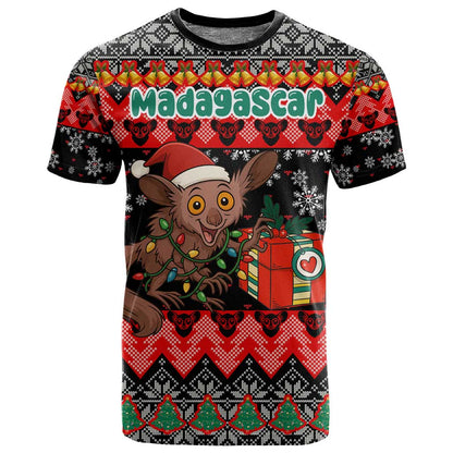 Madagascar Christmas T shirt Aye Aye Lemur Santa Hat Holiday Lights - African Pride