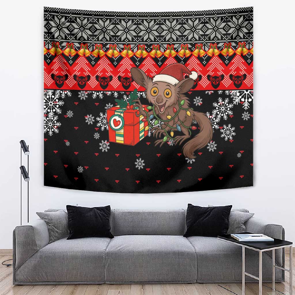 Madagascar Christmas Tapestry Aye Aye Lemur Santa Hat Holiday Lights - African Pride