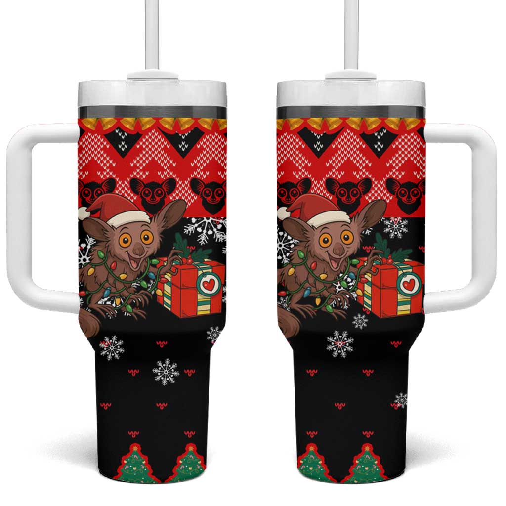 Madagascar Christmas Tumbler With Handle Aye Aye Lemur Santa Hat Holiday Lights - African Pride