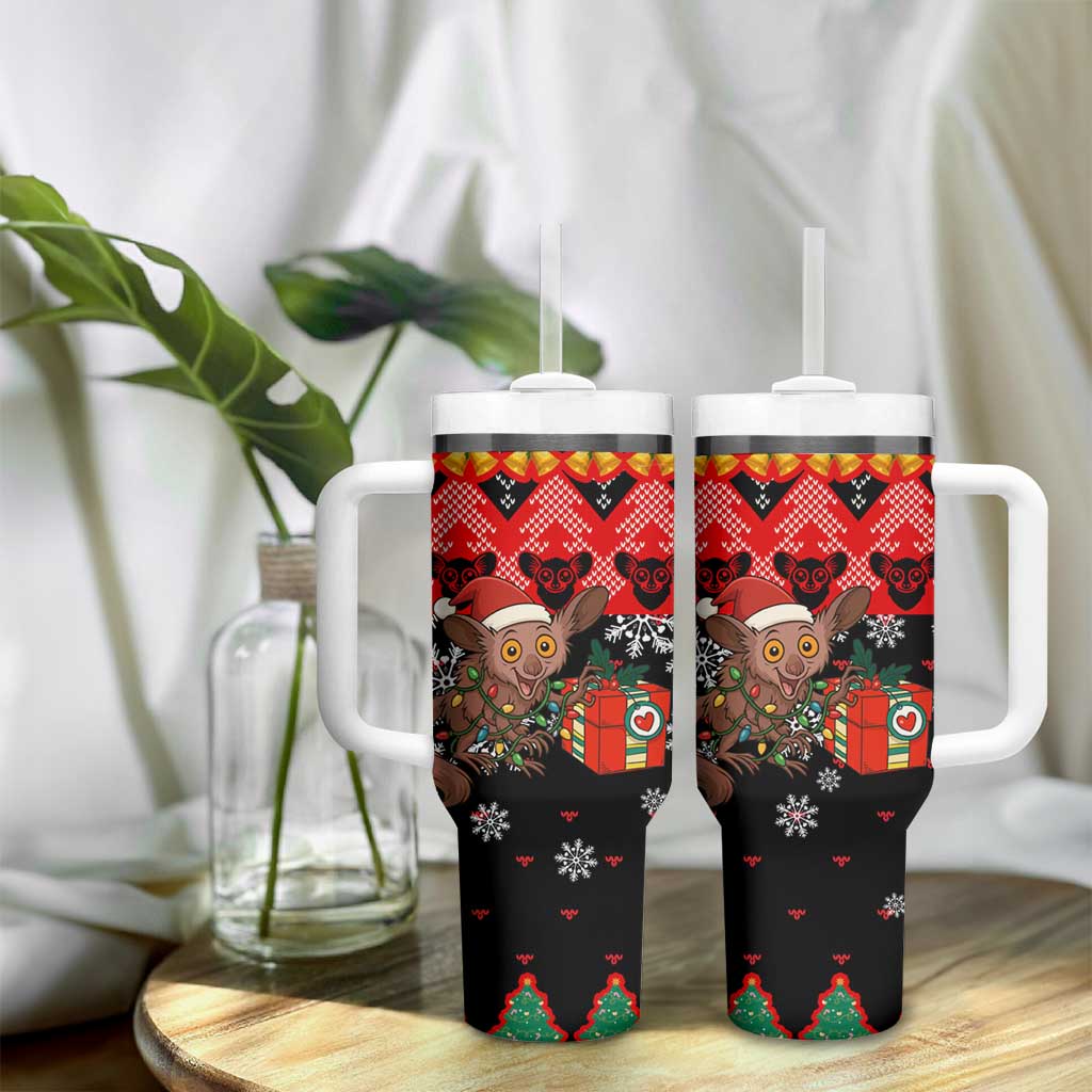 Madagascar Christmas Tumbler With Handle Aye Aye Lemur Santa Hat Holiday Lights - African Pride