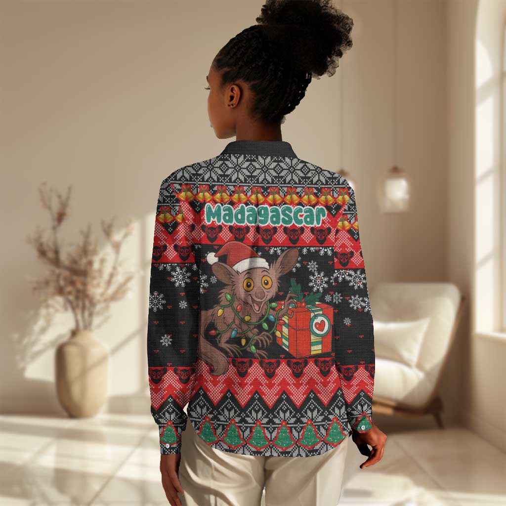 Madagascar Christmas Women Casual Shirt Aye Aye Lemur Santa Hat Holiday Lights - African Pride