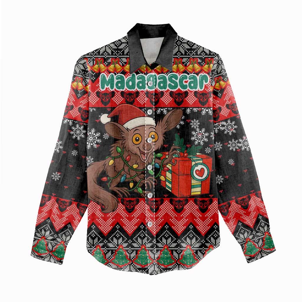 Madagascar Christmas Women Casual Shirt Aye Aye Lemur Santa Hat Holiday Lights - African Pride