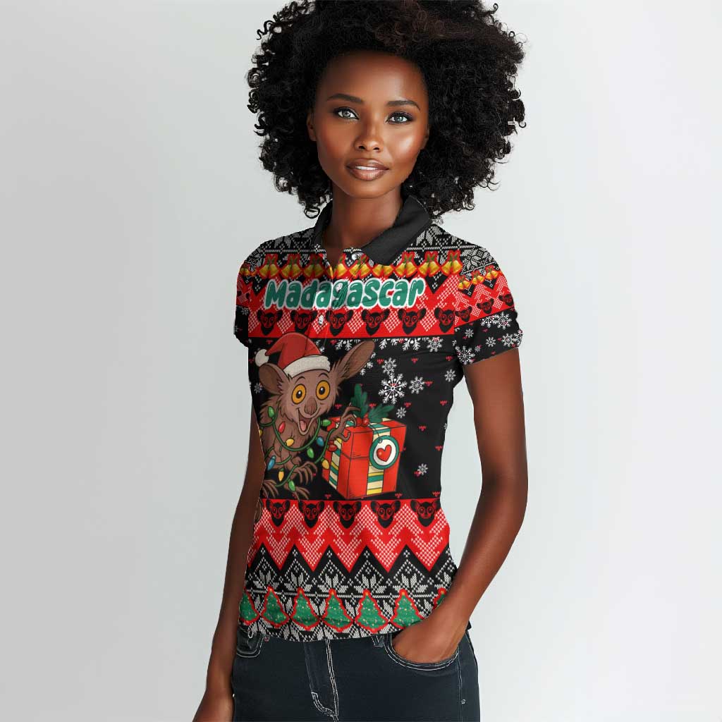 Madagascar Christmas Women Polo Shirt Aye Aye Lemur Santa Hat Holiday Lights - African Pride