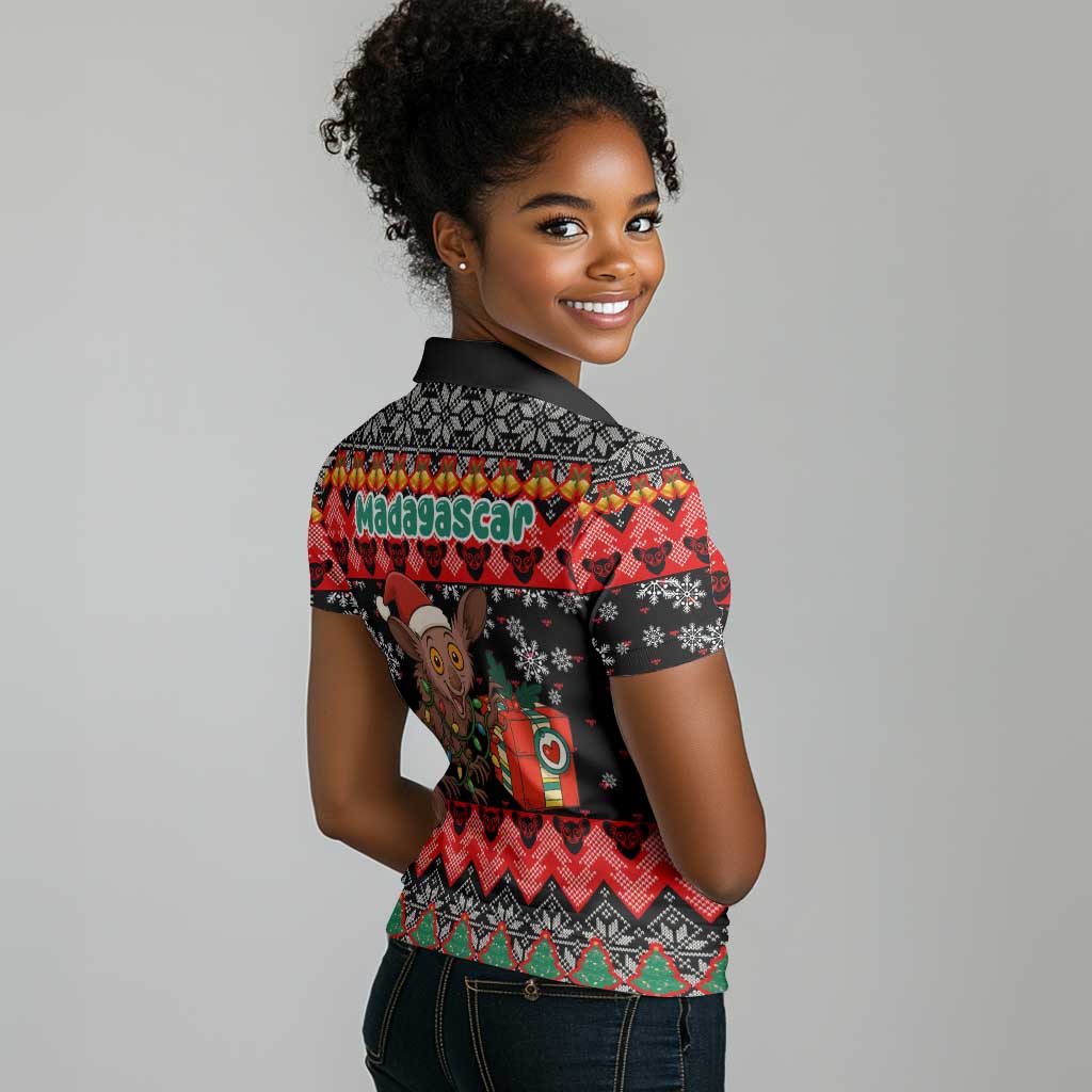 Madagascar Christmas Women Polo Shirt Aye Aye Lemur Santa Hat Holiday Lights - African Pride