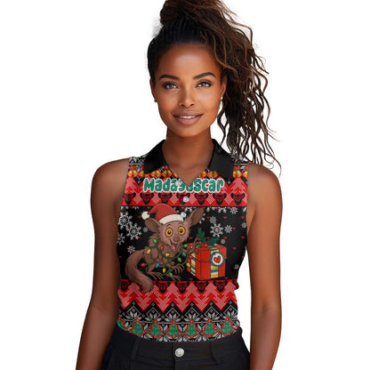 Madagascar Christmas Women Sleeveless Polo Shirt Aye Aye Lemur Santa Hat Holiday Lights - African Pride