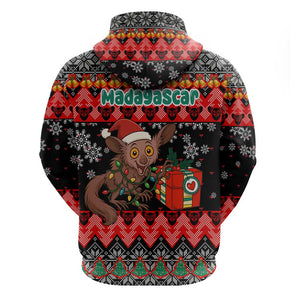 Madagascar Christmas Zip Hoodie Aye Aye Lemur Santa Hat Holiday Lights - African Pride