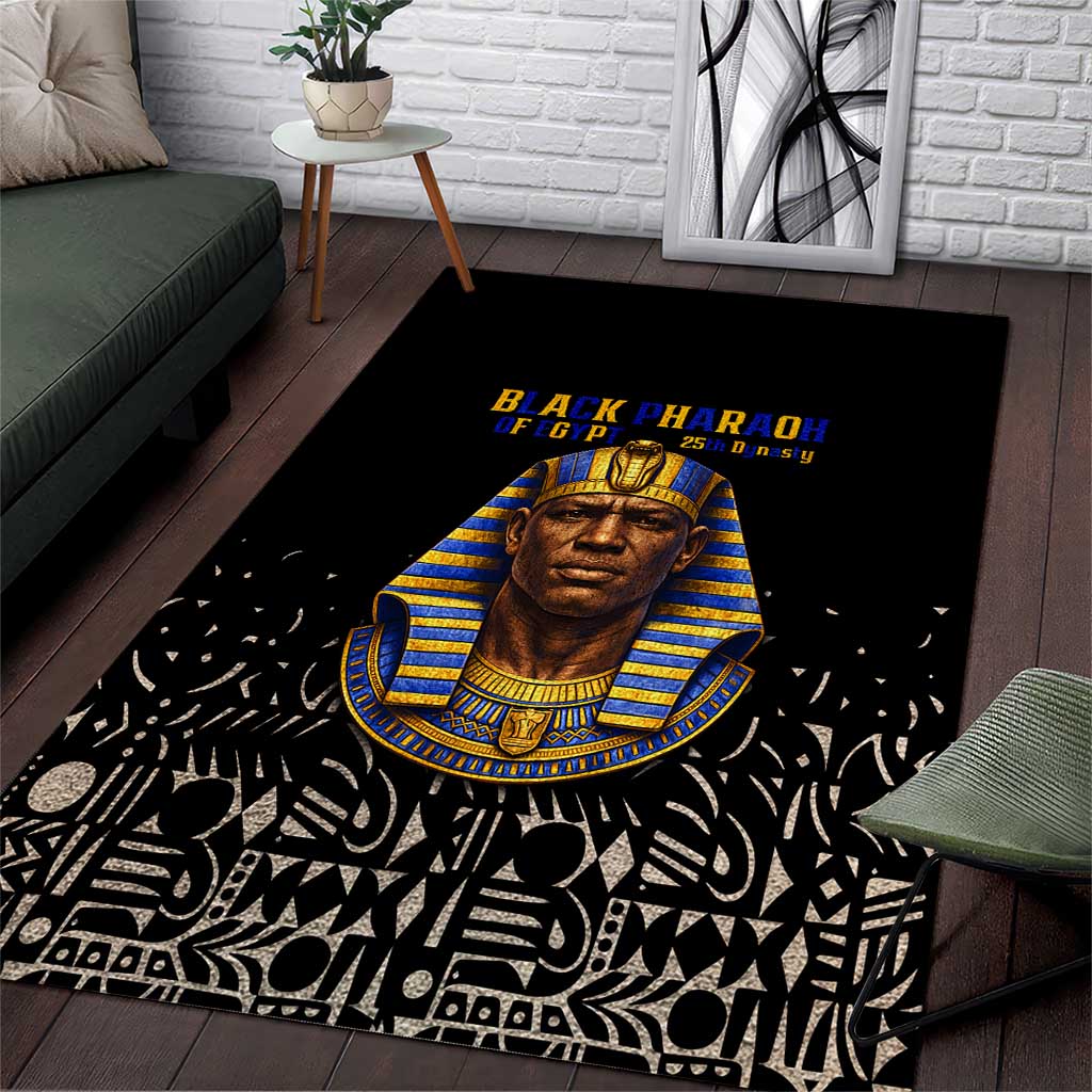 Taharqa Area Rug with Black Pharaoh Portrait, 25th Dynasty of Egypt Text and Nubian-Inspired - African Pride