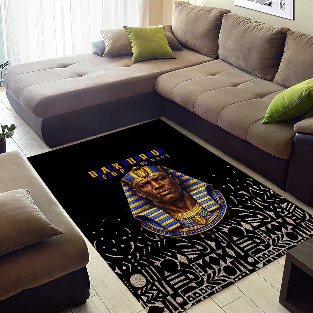 Taharqa Area Rug with Black Pharaoh Portrait, 25th Dynasty of Egypt Text and Nubian-Inspired - African Pride