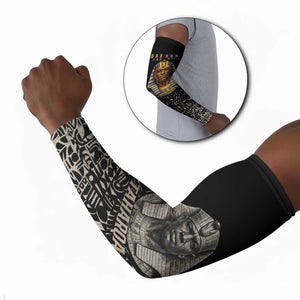 Taharqa Arm Sleeves with Black Pharaoh Portrait, 25th Dynasty of Egypt Text and Nubian-Inspired - African Pride