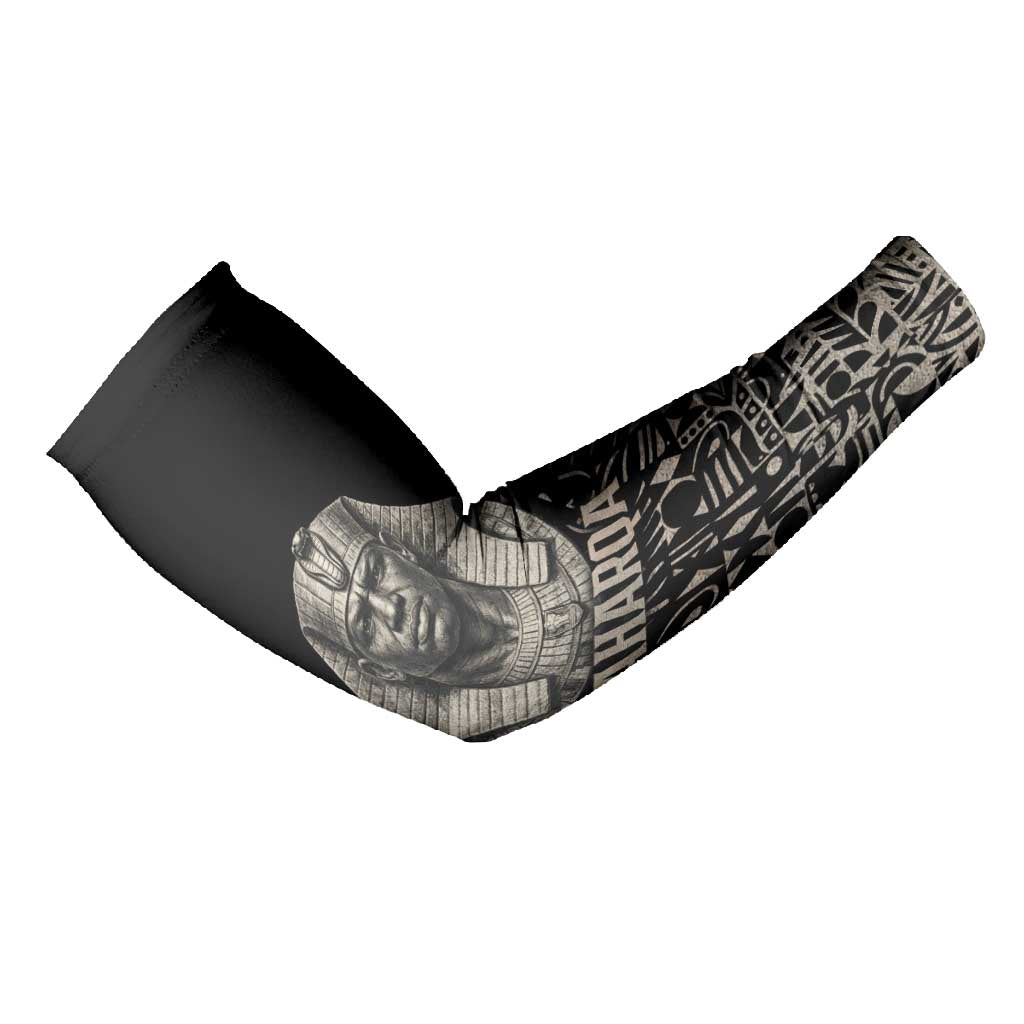 Taharqa Arm Sleeves with Black Pharaoh Portrait, 25th Dynasty of Egypt Text and Nubian-Inspired - African Pride