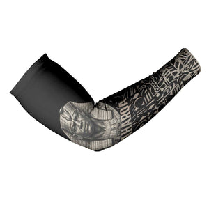 Taharqa Arm Sleeves with Black Pharaoh Portrait, 25th Dynasty of Egypt Text and Nubian-Inspired - African Pride