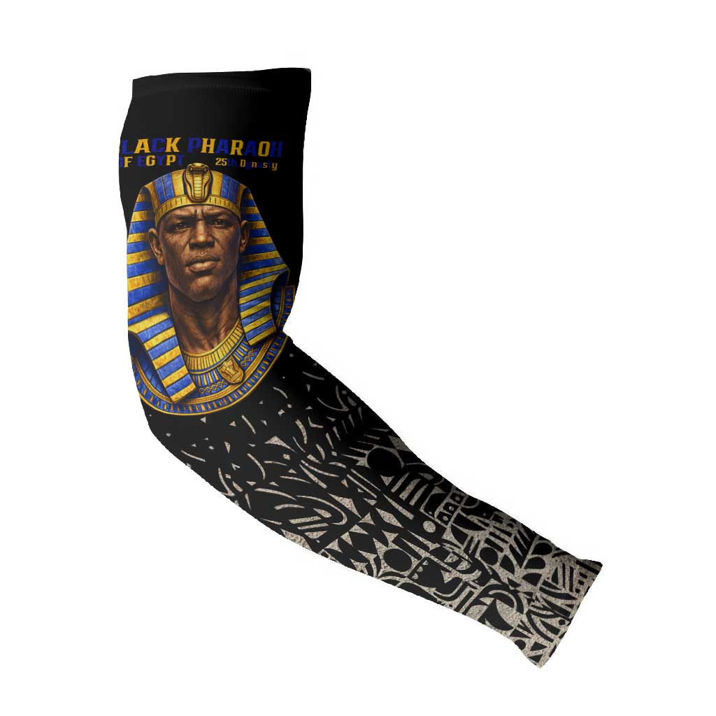 Taharqa Arm Sleeves with Black Pharaoh Portrait, 25th Dynasty of Egypt Text and Nubian-Inspired - African Pride