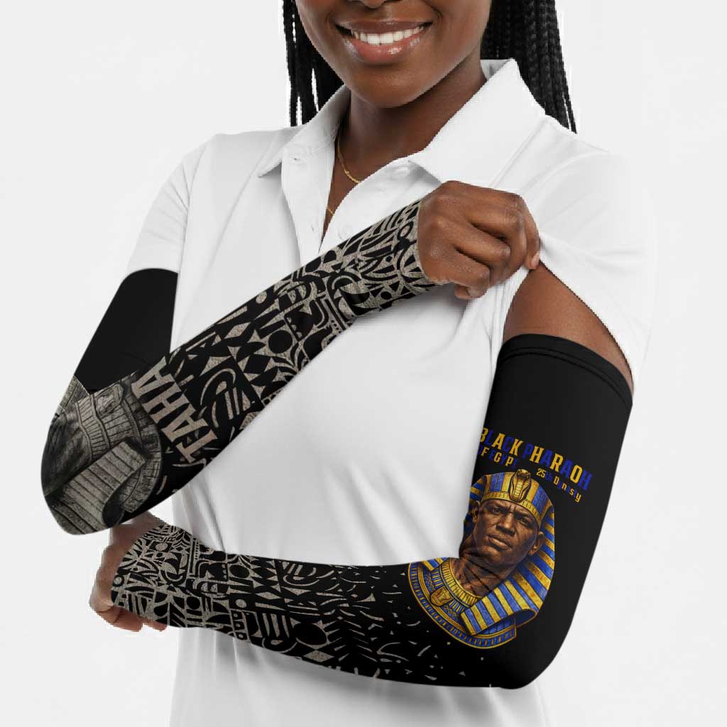 Taharqa Arm Sleeves with Black Pharaoh Portrait, 25th Dynasty of Egypt Text and Nubian-Inspired - African Pride