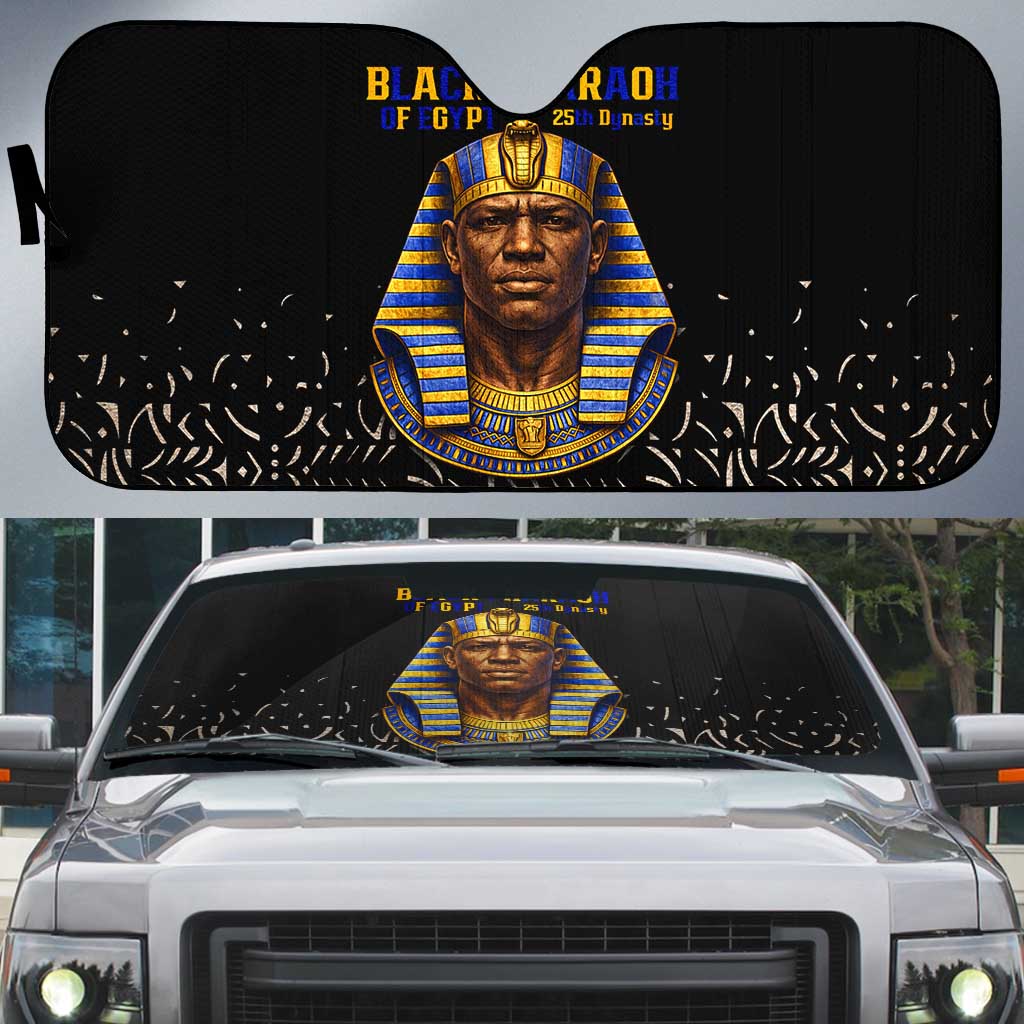 Taharqa Auto Sun Shade with Black Pharaoh Portrait, 25th Dynasty of Egypt Text and Nubian-Inspired - African Pride