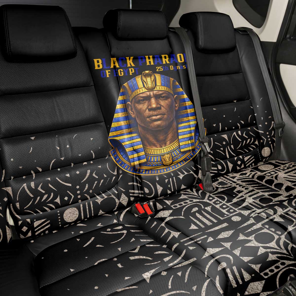 Taharqa Back Car Seat Cover with Black Pharaoh Portrait, 25th Dynasty of Egypt Text and Nubian-Inspired - African Pride
