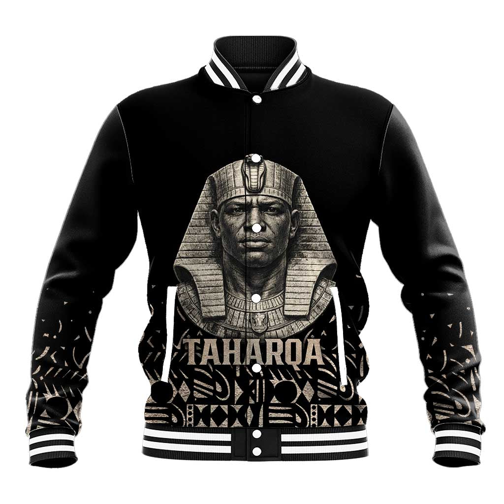 Taharqa Baseball Jacket with Black Pharaoh Portrait, 25th Dynasty of Egypt Text and Nubian-Inspired - African Pride