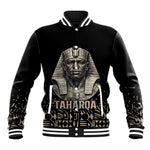 Taharqa Baseball Jacket with Black Pharaoh Portrait, 25th Dynasty of Egypt Text and Nubian-Inspired - African Pride